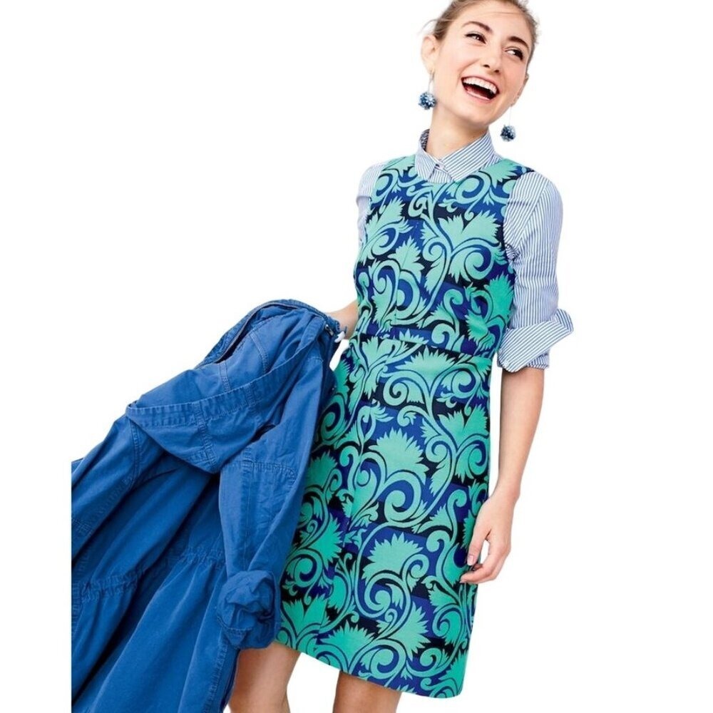 Stunning‎ Sleeveless Beaded Collar Dress Bold Blue Teal Print A-Line Women 4 - Picture 12 of 15